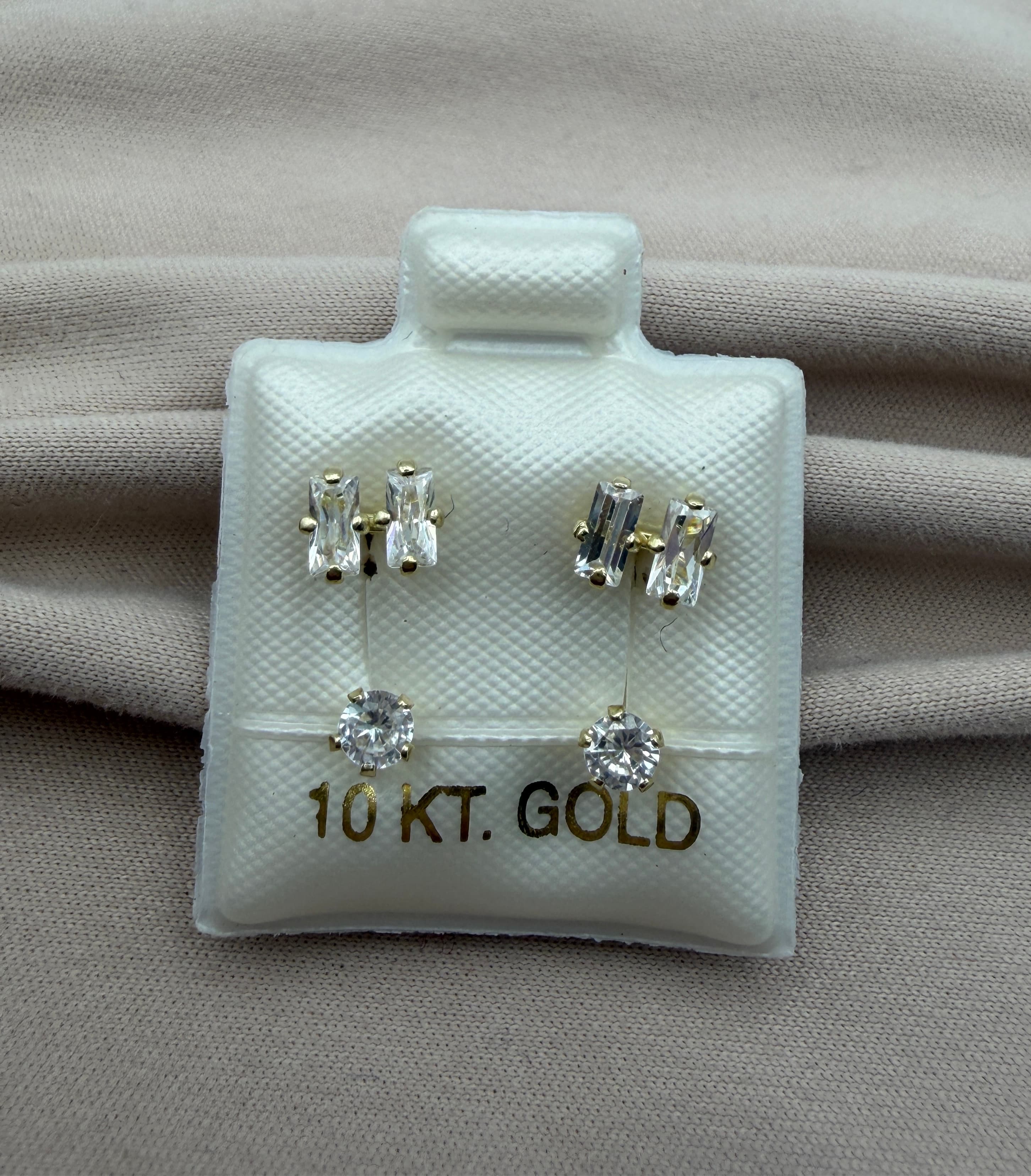 Set Duo Baguette & Solitario — Broqueles de Oro 10k con Zirconia